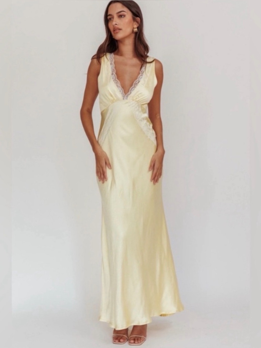 Selfie Leslie Pale Yellow Satin Lace-Trim Strapless Slip Dress